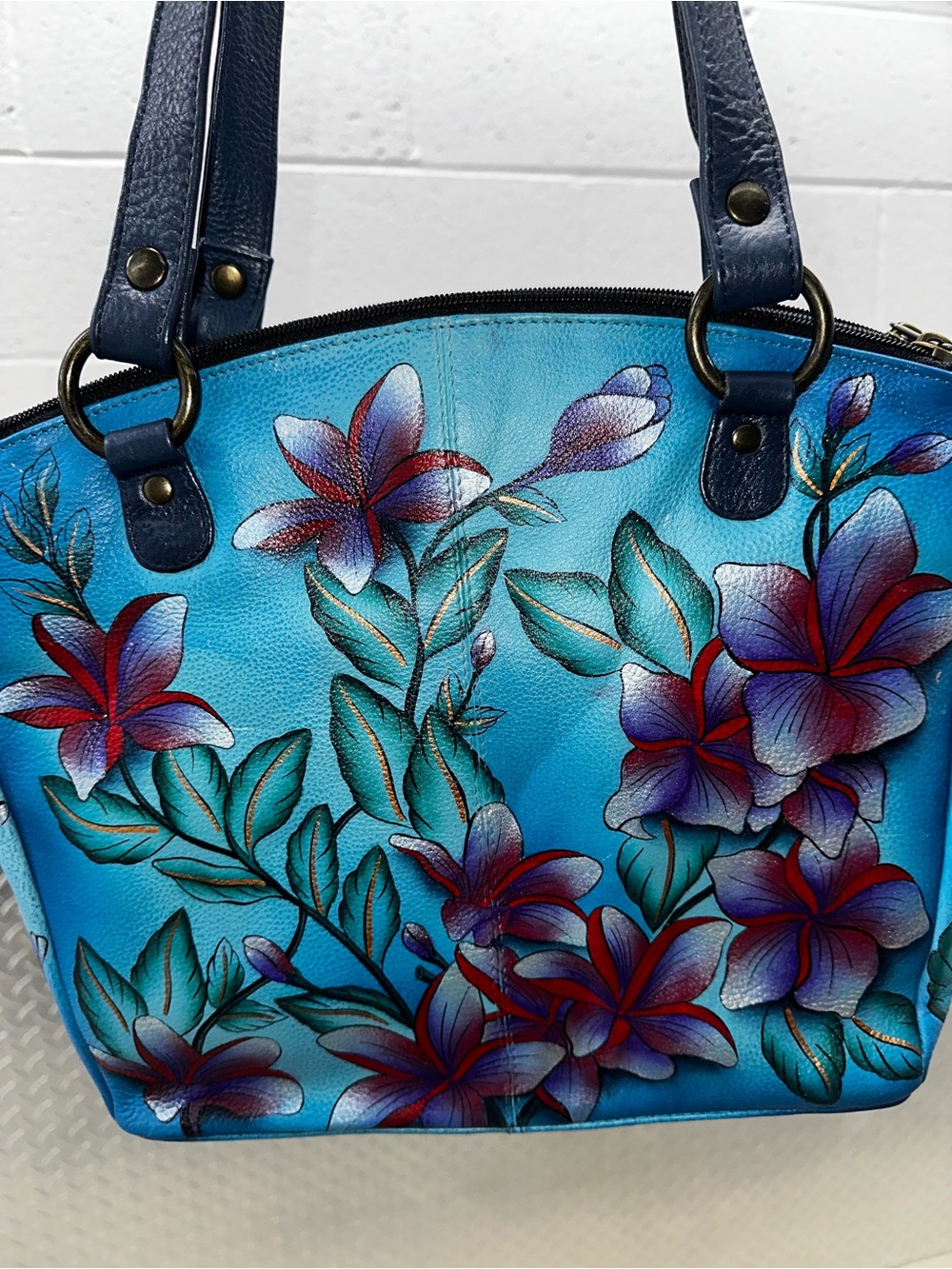 Anuschka Blue Floral Leather Shoulder Bag with Navy Straps - Picture 2 of 12